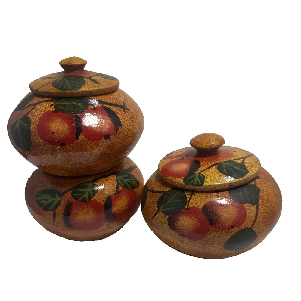 3 Trinket Box Haiti Hand Carved Wooden Lidded Jar Handpainted  Folk Art Bowls
